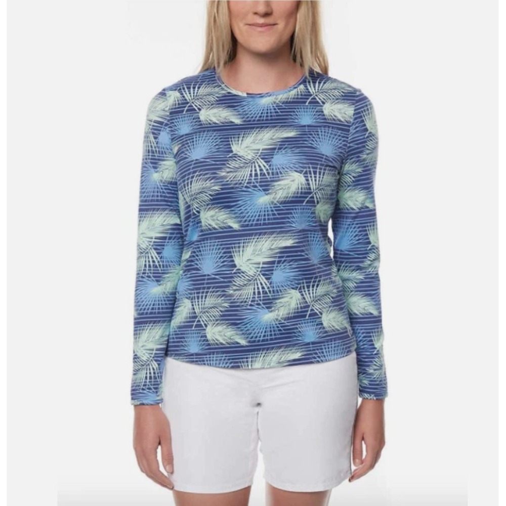 Hang Ten UPF 50+ Sun Protection Rash Guard Top Womens Sz Medium Palms Zip Pocket